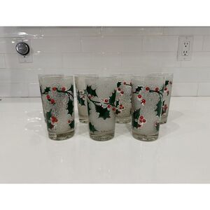 Mid‎ Century FRED PRESS Textured Christmas Holly Berry Highball Glasses Set of 7